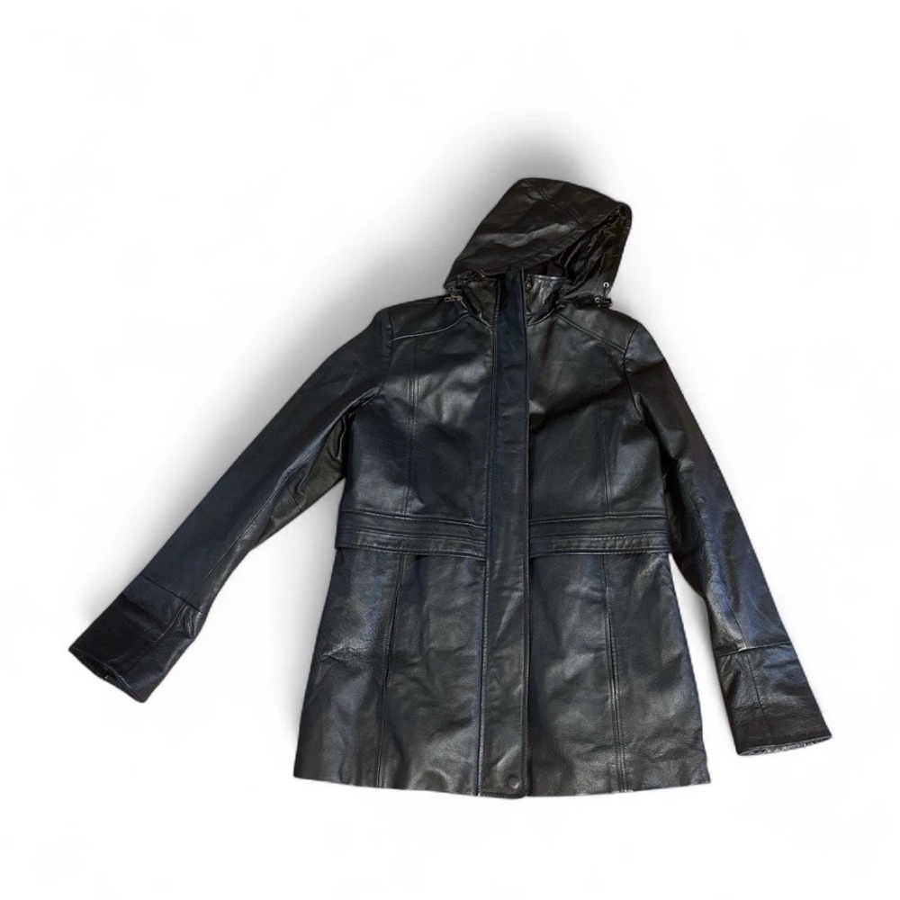 Excelled Collection Hooded Black Leather Mid Length Trench Jacket size Medium